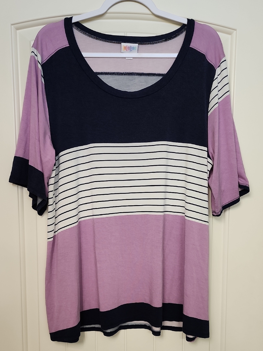LuLaRoe Lilac, Navy & White Striped Scoop Neck Tee